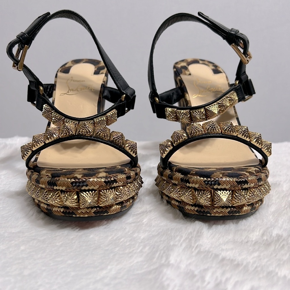 Christian Louboutin Nappa Leopard Pira Ryad 110 Wedge Sandal Black Marron 35 - Picture 4 of 13